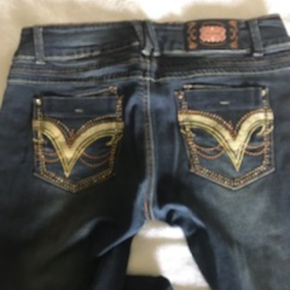 🔸3/50$!! NWOT Beautiful Gold Embroidered Curvy Pocket Boot Cut VO Jeans - Picture 15 of 15